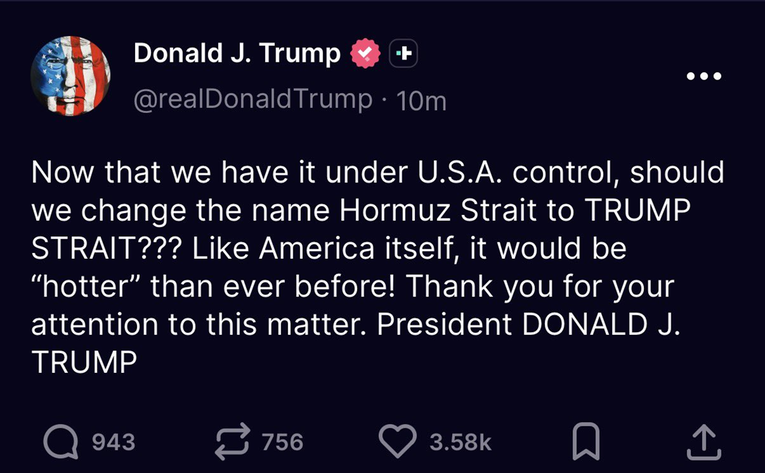 Trump: Trebamo li preimenovati Hormuški tjesnac u TRUMPOV TJESNAC???