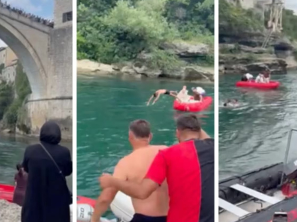 VIDEO Muškarac skočio sa Starog mosta u Mostaru i nestao u Neretvi. Spašen je