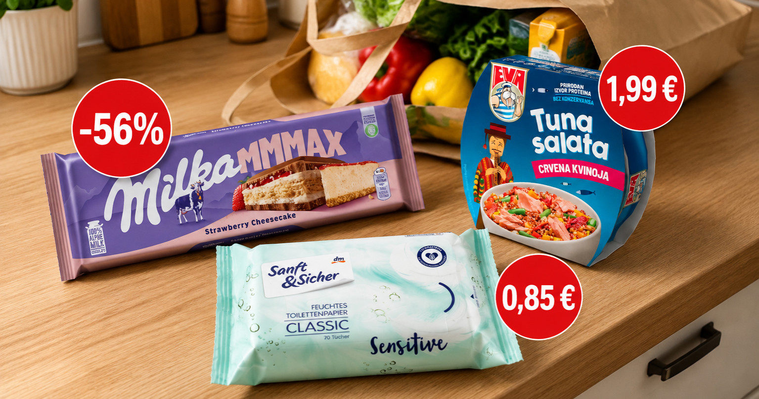 Najbolje cijene danas: Eva tuna salata već od 1,99 eura, velika Milka na 56% popusta