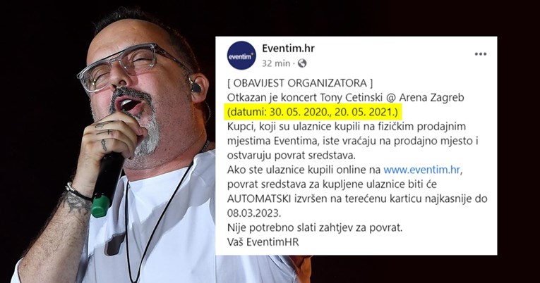 Otkazan koncert Tonyja Cetinskog u Areni Zagreb - koji je trebao biti 2021. godine