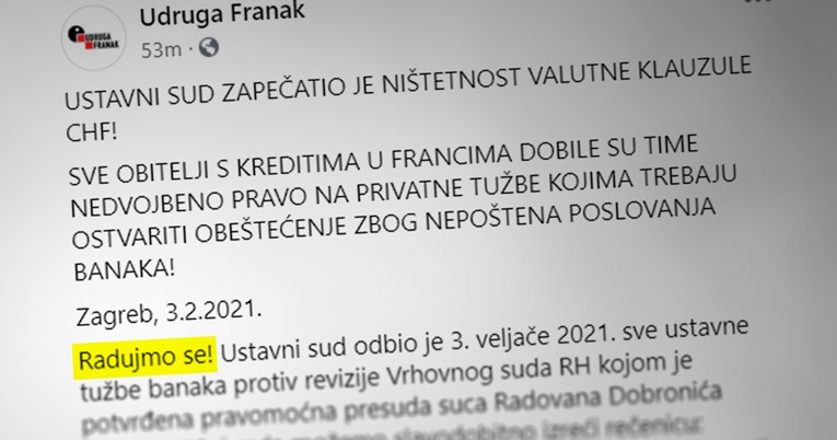 Udruga Franak slavi odluku Ustavnog suda: Gotovo je, radujmo se!