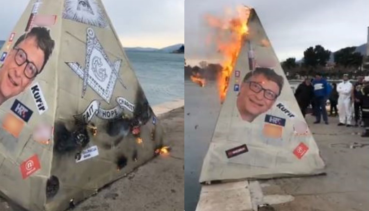 U Kaštelima kao krnju zapalili piramidu s likom Gatesa i logotipima hrvatskih medija