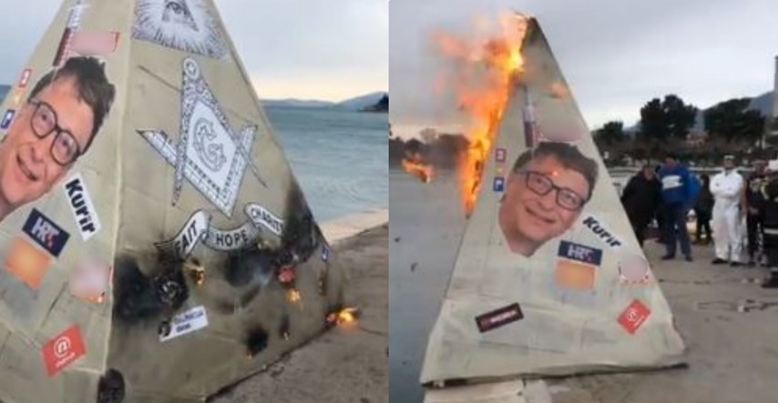 U Kaštelima kao krnju zapalili piramidu s likom Gatesa i logotipima hrvatskih medija