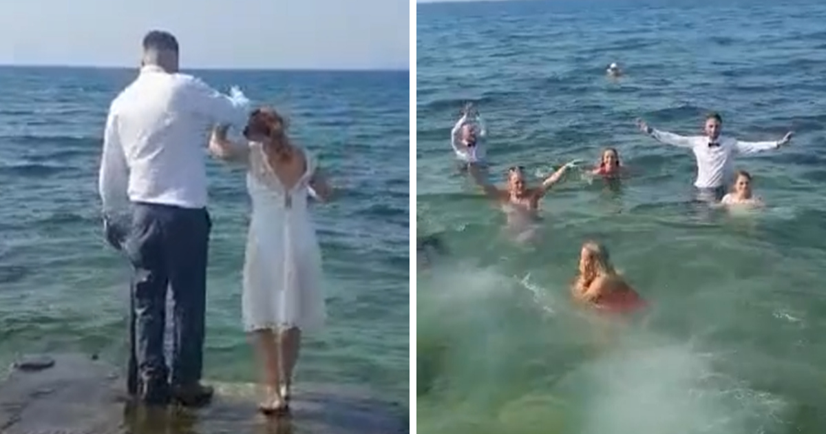 VIDEO Mladenci na Viru nakon vjenčanja uskočili u more, za njima i ostatak svatova