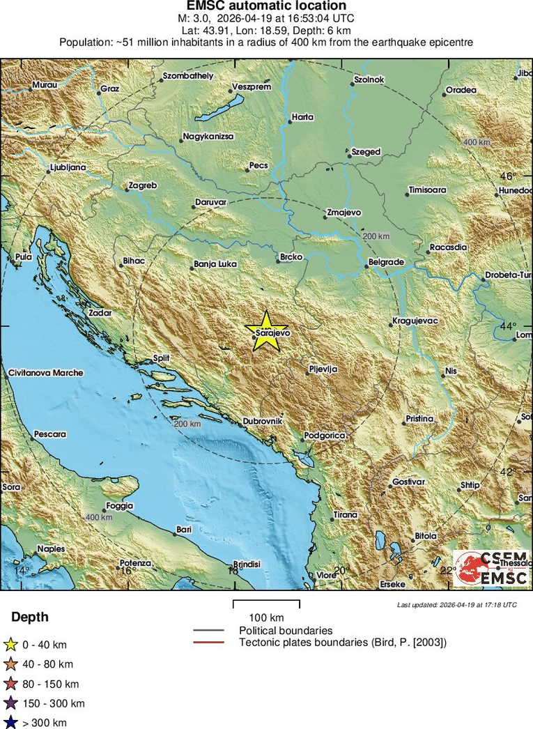Potres jačine 3 po Richteru pogodio šire područje Sarajeva