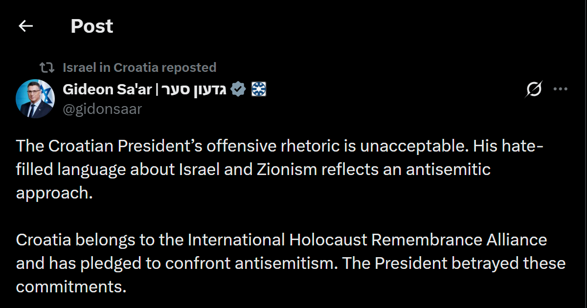 Izraelski ministar o Milanoviću: Njegove riječi su pune mržnje prema Izraelu