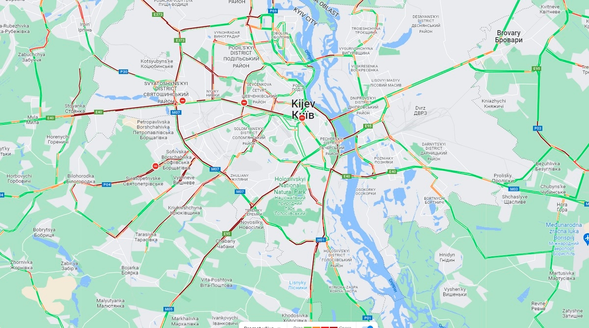 Ovo je Google Traffic iz Kijeva, ceste na zapadu grada su u kaosu