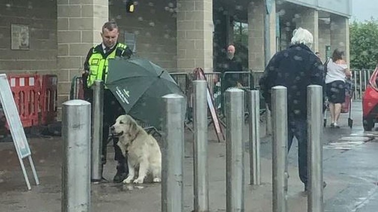 Čuvar držao kišobran iznad psa kojeg su ostavili zavezanog na kiši i postao hit