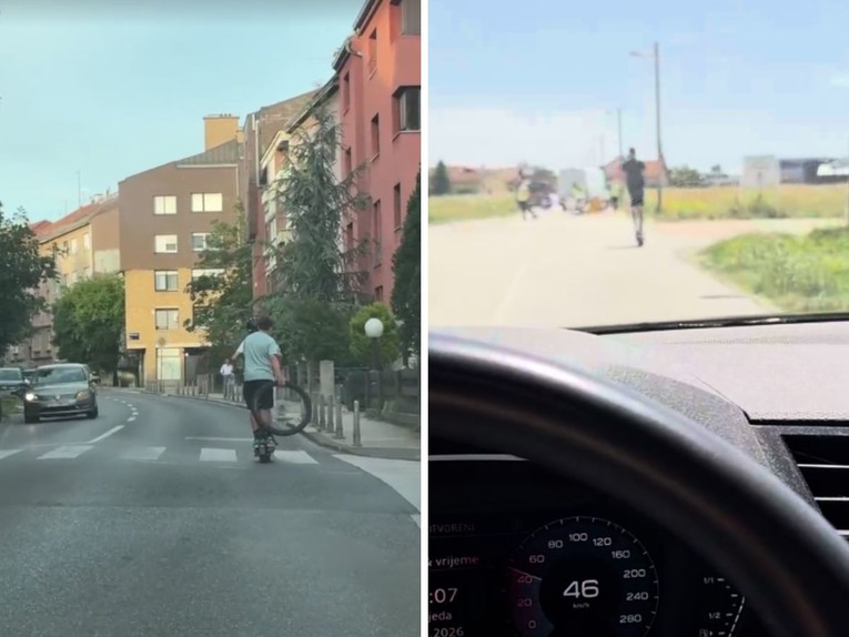 Nove snimke kamikaza na romobilima. Dva klinca voze cestom i nose kotač