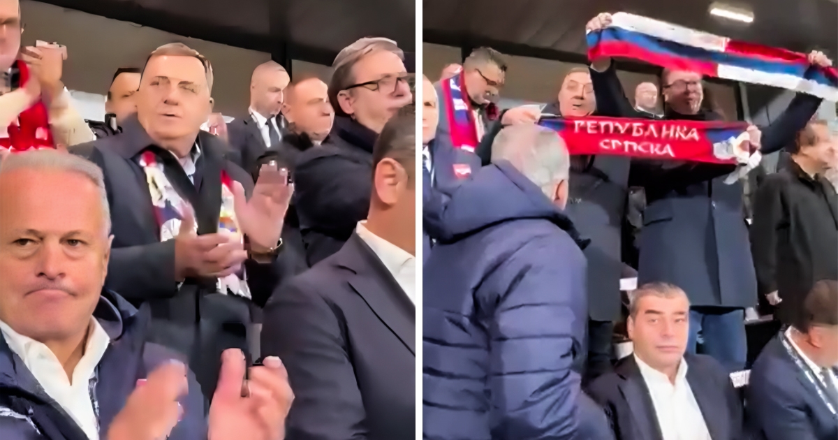 VIDEO Vučić na utakmici srpske reprezentacije raširio šal s ruskom zastavom
