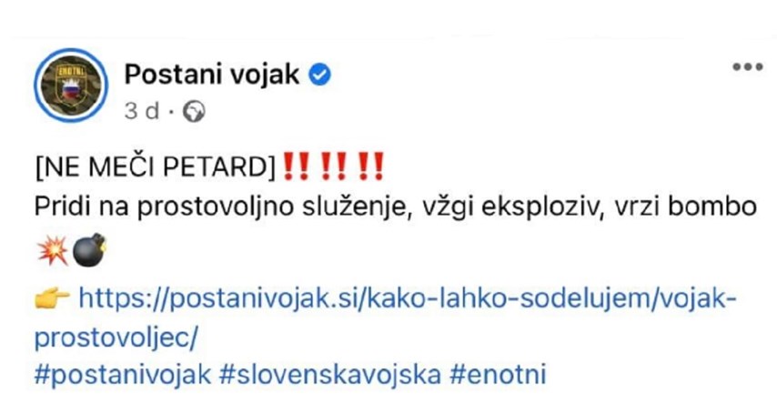 Slovenska vojska pozvala na dobrovoljni vojni rok: "Ne bacaj petarde, već bombe"