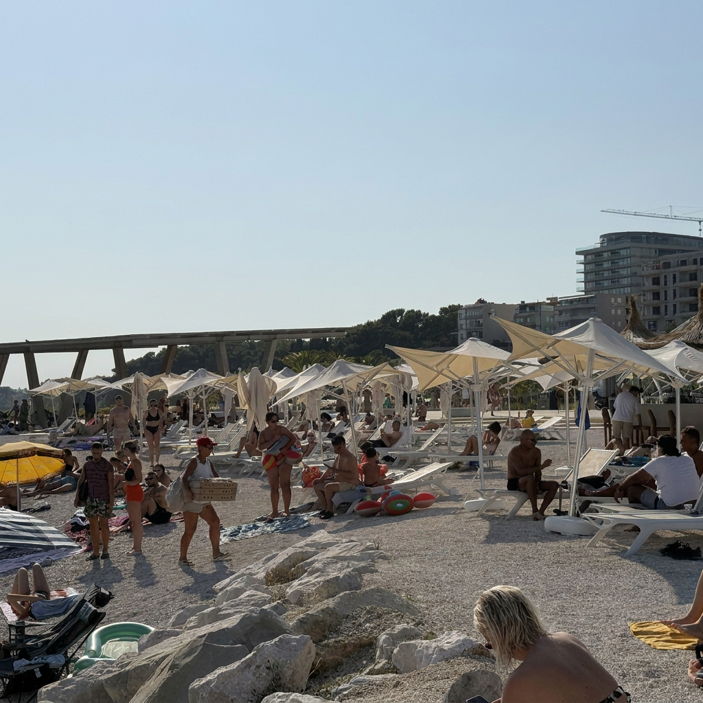 Ovo je javna plaža u Splitu. Okupirana je stotinama praznih ležaljki gradske firme