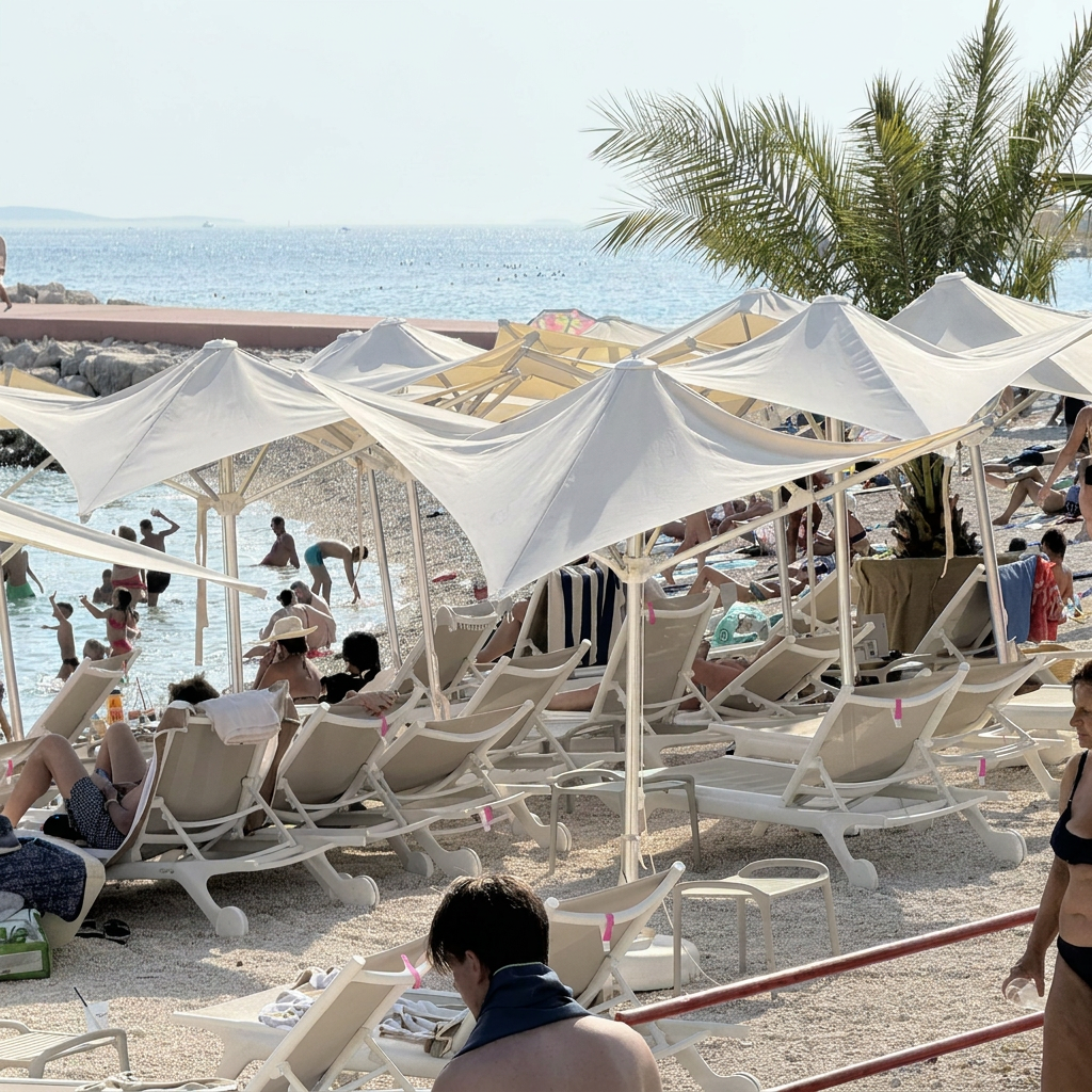 Ovo je javna plaža u Splitu. Okupirana je stotinama praznih ležaljki gradske firme