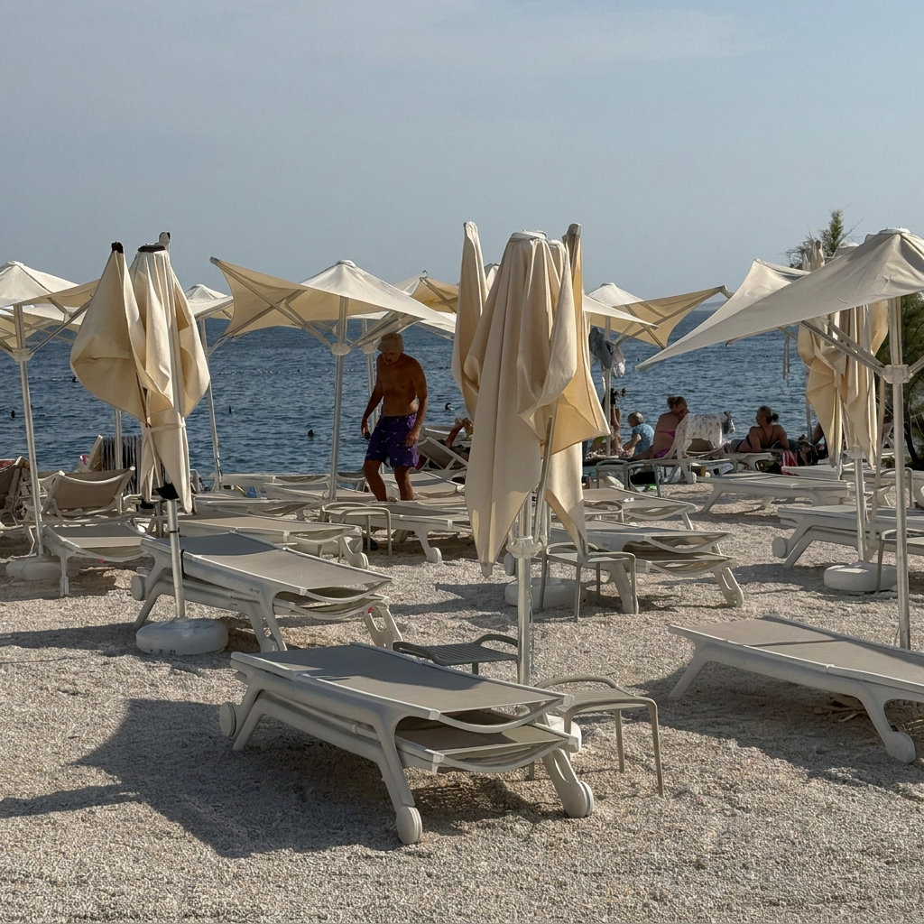 Ovo je javna plaža u Splitu. Okupirana je stotinama praznih ležaljki gradske firme