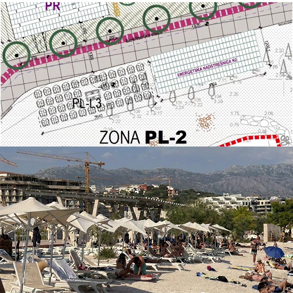 Ovo je javna plaža u Splitu. Okupirana je stotinama praznih ležaljki gradske firme