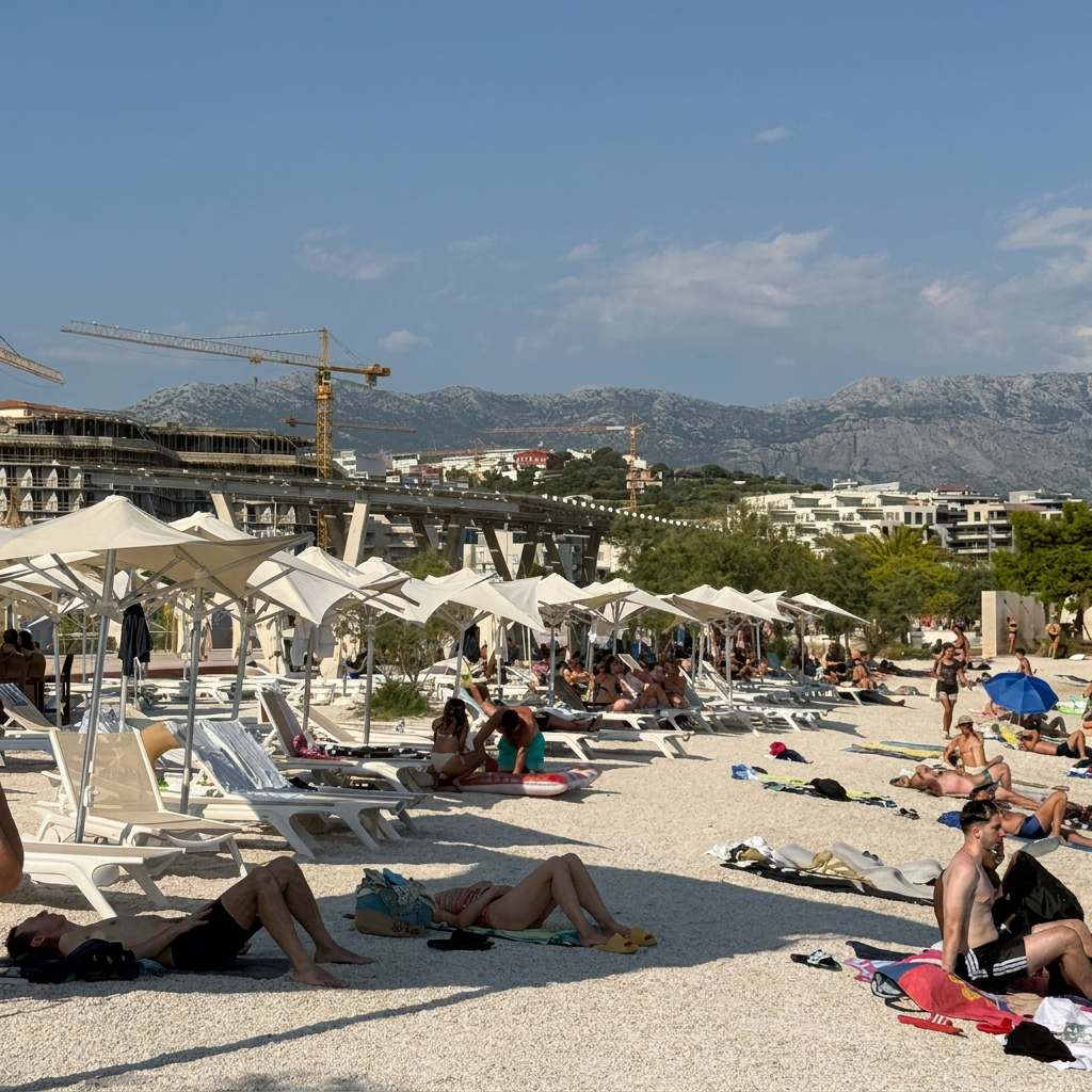 Ovo je javna plaža u Splitu. Okupirana je stotinama praznih ležaljki gradske firme