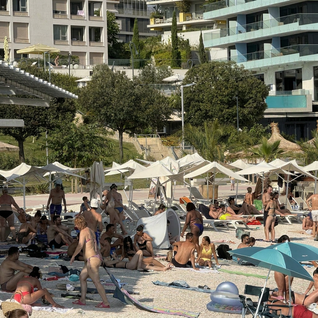 Ovo je javna plaža u Splitu. Okupirana je stotinama praznih ležaljki gradske firme
