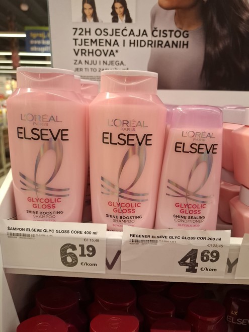 Elseve šampon za kosu 400 ml 6,19 eura ili 46,64 kn  i Elseve regenerator 200 ml 4,69 eura ili 35,34 kn