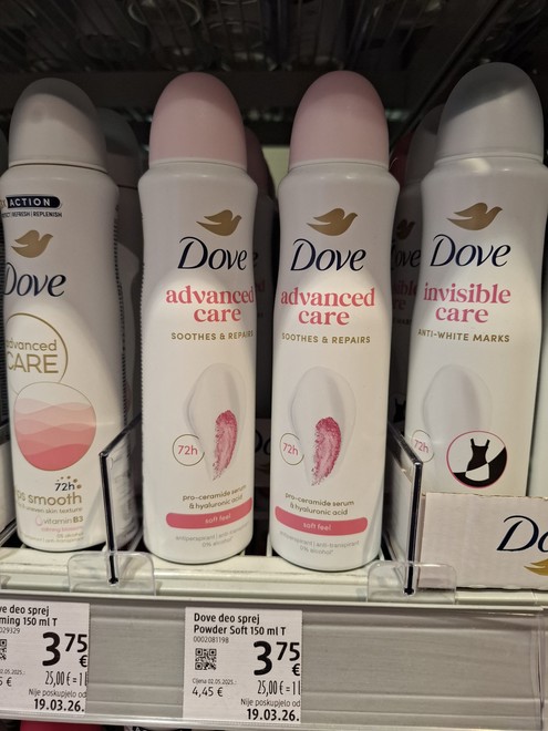 Dove dezodorans 150ml 3,75 eura ili 28,25 kn 