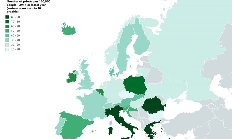 Objavljena karta o broju svećenika na 100.000 stanovnika. Kako stoji Hrvatska?