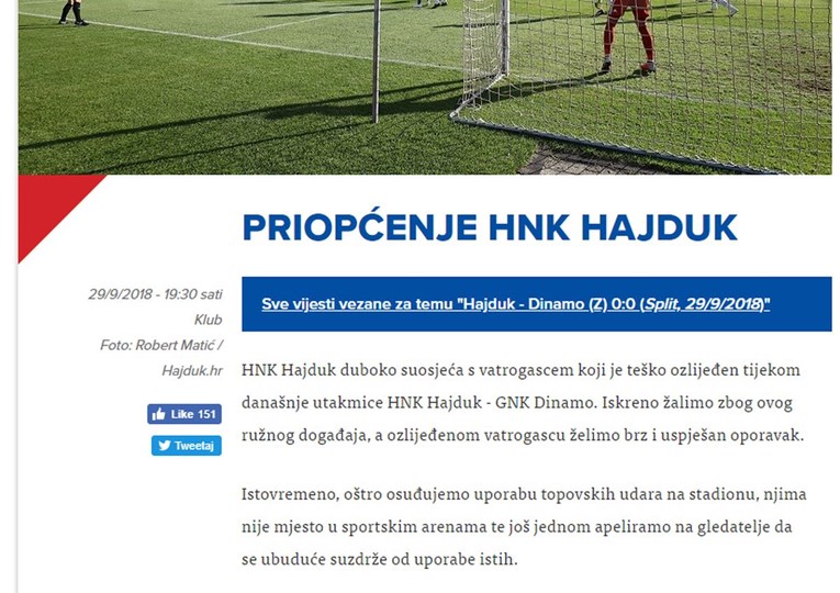 Hajduk: Suosjećamo s vatrogascem. Gledatelji, suzdržite se od topovskih udara