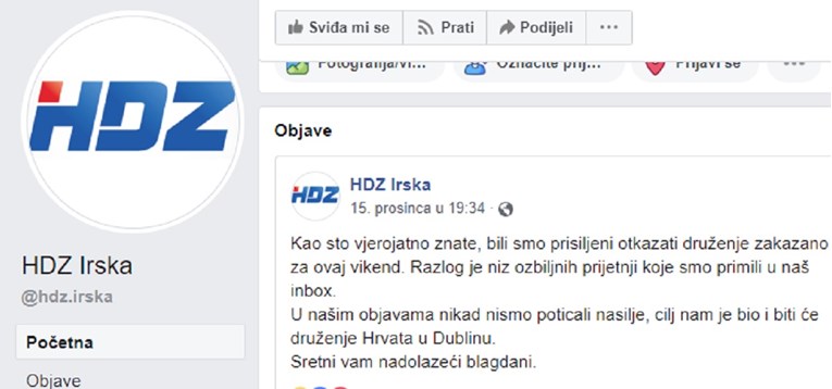 HDZ se oglasio o Facebook stranici HDZ Irska