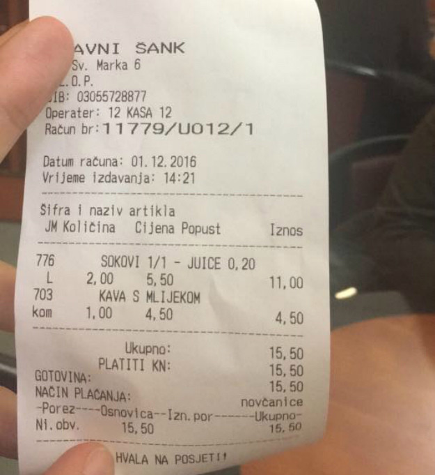 Pernar na Facebooku objavio račun iz saborskog kafića: "Sram me, kava je tu 4 i pol kune"