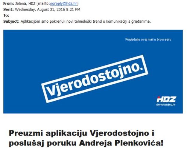 HDZ šalje SPAM na privatne adrese građana: "Preuzmite aplikaciju i poslušajte Plenkovića"