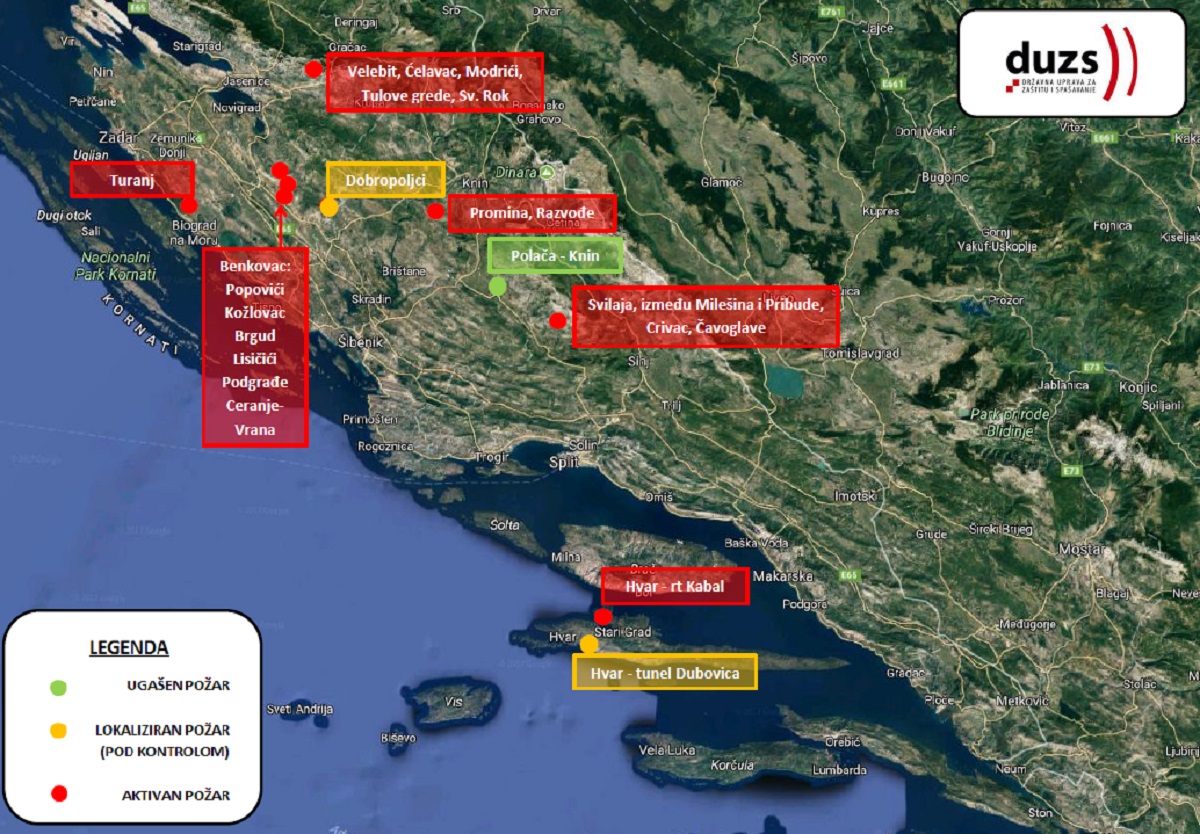 POGLEDAJTE KARTU Dalmacija u plamenu: Gori na Hvaru, kod Šibenika, Zadra, Benkovca, na Velebitu...