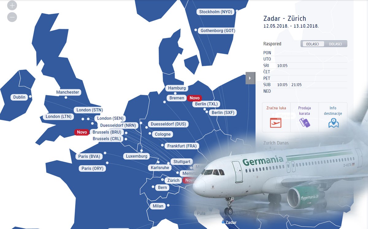Od jučer direktno su povezani Zadar i Zurich, Germania leti triput tjedno