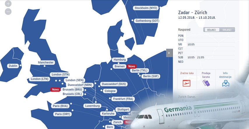 Od jučer direktno su povezani Zadar i Zurich, Germania leti triput tjedno