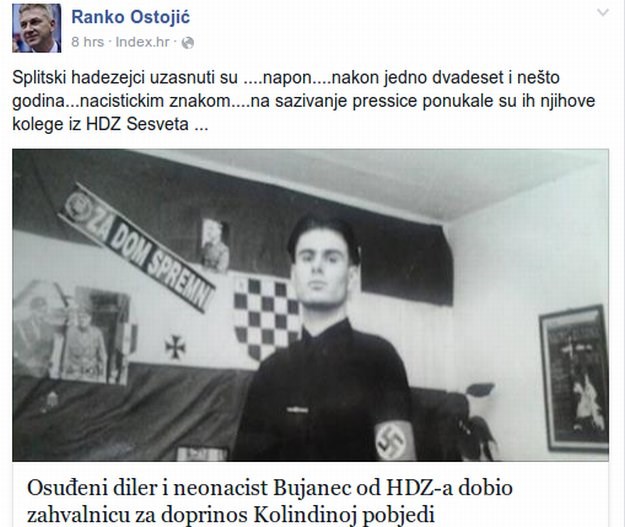 Ministar Ostojić na Facebooku uzvratio na kritike: Splitski hadezejci užasnuti su nacističkim znakom?