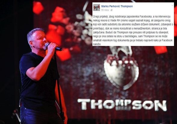 Facebook stranica Thompsona opet aktivna: "Netko iz Vlade je intervenirao da uklonimo prijavu"