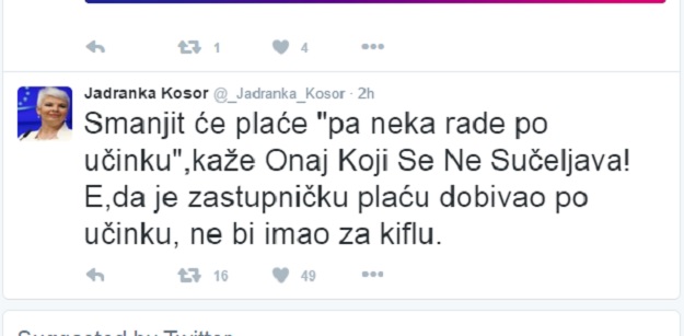 Jadranka Kosor na Twitteru oplela po Karamarku: Da je dobivao plaću po učinku ne bi za kiflu imao