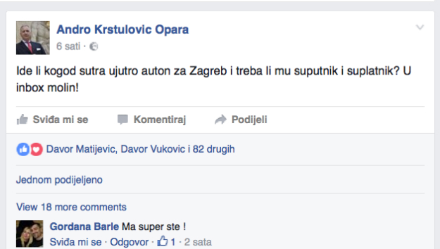 HDZ-ovac novog kova: Bivši savjetnik predsjednice na Facebooku traži prijevoz do Zagreba