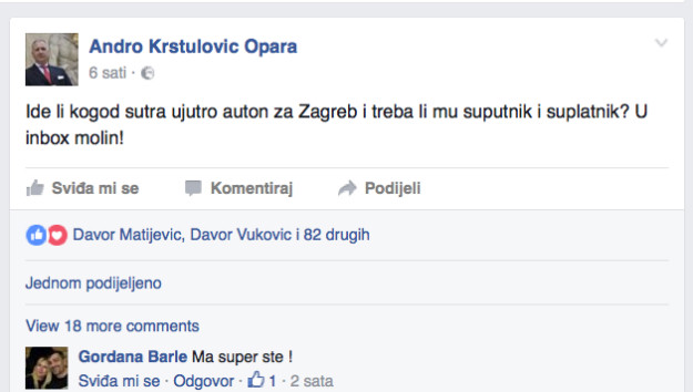 HDZ-ovac novog kova: Bivši savjetnik predsjednice na Facebooku traži prijevoz do Zagreba