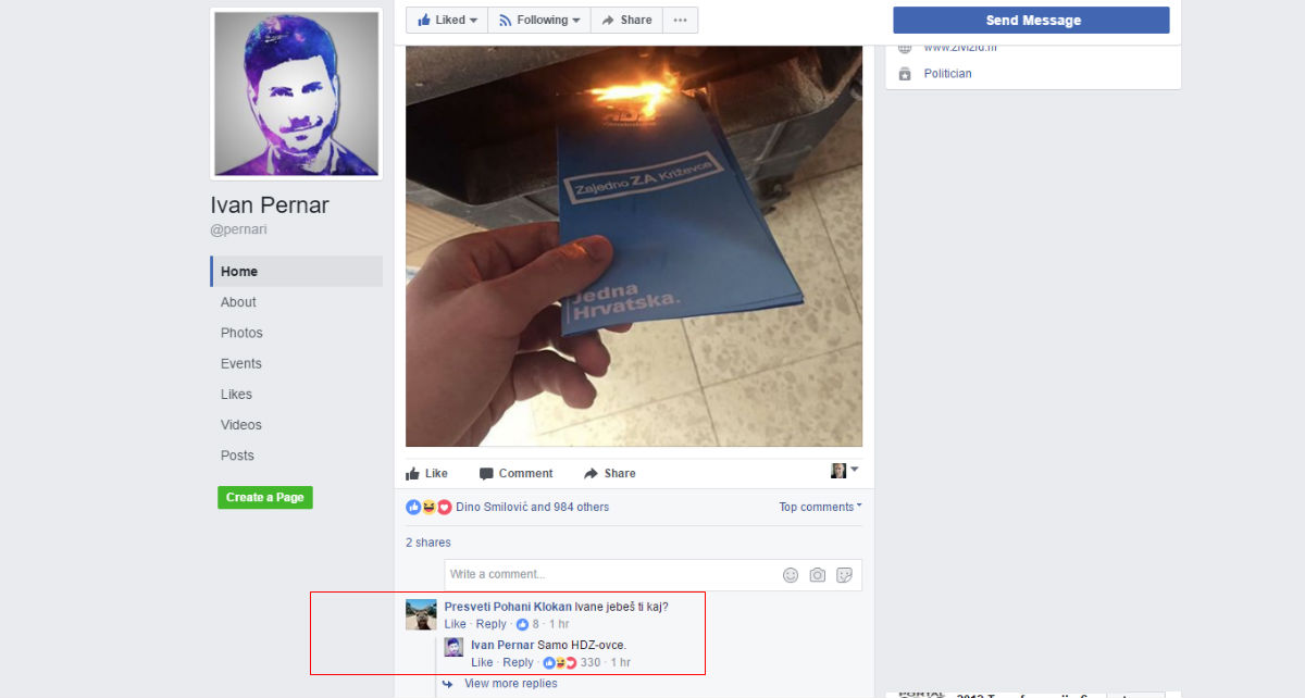 FOTO Pernar objavio slike spaljivanja letaka HDZ-a, na pitanje jebe li što uzvratio: "Samo HDZ-ovce"
