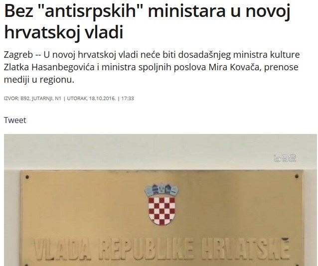 Srpski mediji o novoj Vladi: "Šut-karta za antisrpske ministre Kovača i Hasanbegovića"