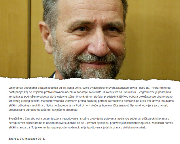 Zagrebačko sveučilište u nepotpisanom priopćenju brani Barišića