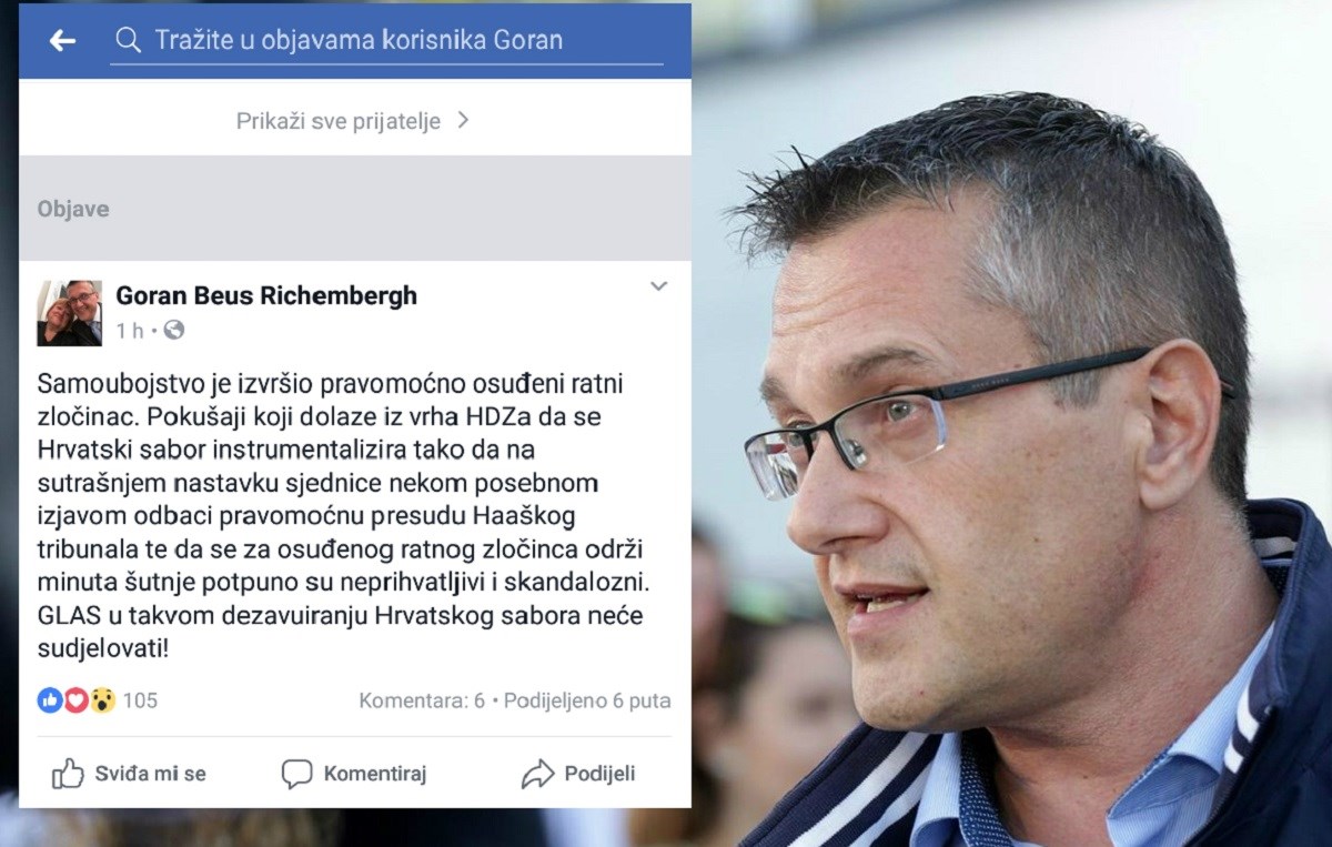 Beus Richembergh: Samoubojstvo je počinio ratni zločinac, neprihvatljivo je za njega održati minutu šutnje