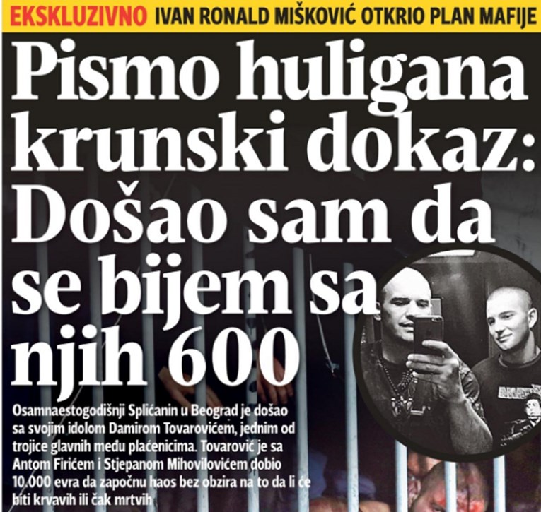 "LJUBE, TUĆI ĆU SE S NJIH 600" Splitski huligan u Beogradu napisao pismo djevojci