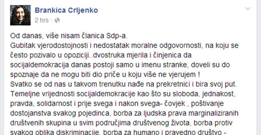 Brankica Crljenko napustila SDP: "Socijaldemokracija danas postoji samo u imenu stranke"