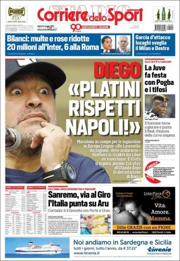 Svjetske naslovnice: I Maradona pozvao Uefu na red "Platini, poštuj Napoli!"