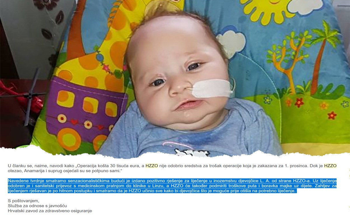 Mala Lorena od jučer je u Linzu, a HZZO danas obavijestio majku da će im platiti put i liječenje