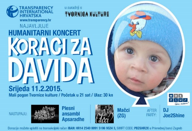 Koraci za Davida: U zagrebačkoj Tvornici kulture 11. veljače humanitarni koncert za maloga Davida