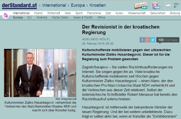 Der Standard: Kulturnjaci protiv revizionista u hrvatskoj vladi
