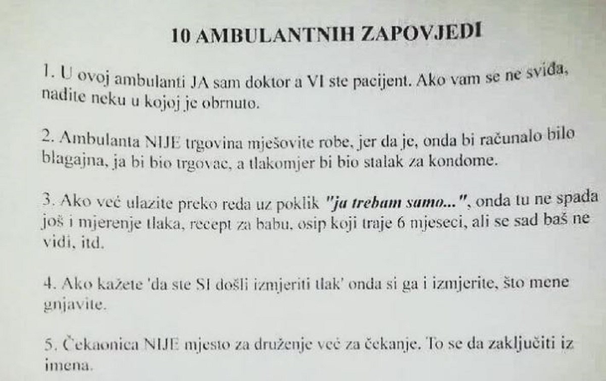 Na vratima jedne naše ambulante osvanuo popis "10 ambulantnih zapovijedi" i na Fejsu postao hit