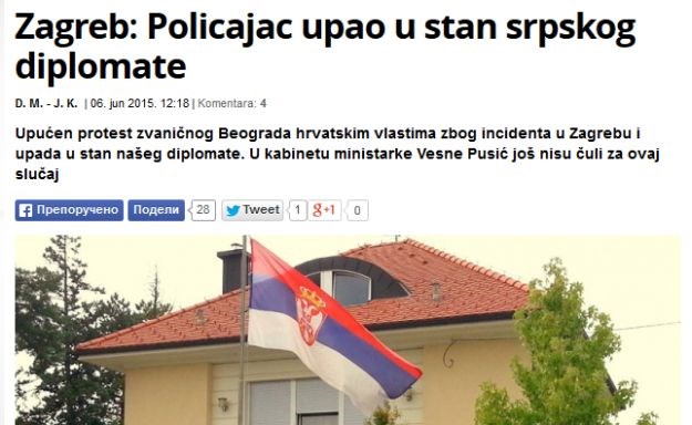 Protestna nota Hrvatskoj: Policajac u Zagrebu ušao u stan srpskog diplomate