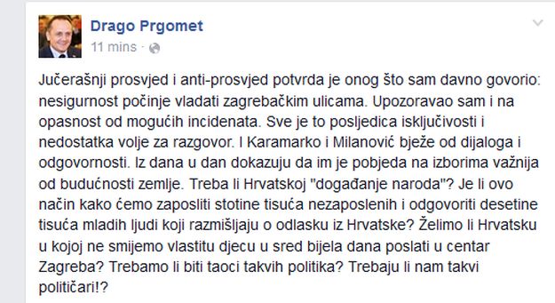 Prgomet o prosvjedima: Nesigurnost vlada zagrebačkim ulicama, taoci smo Karamarka i Milanovića