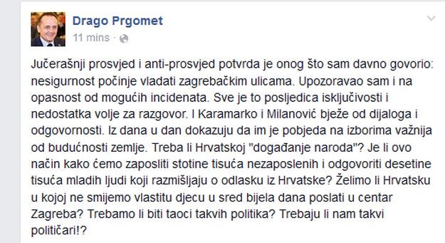 Prgomet o prosvjedima: Nesigurnost vlada zagrebačkim ulicama, taoci smo Karamarka i Milanovića